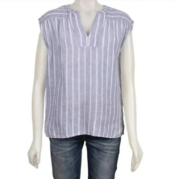 Lord & Taylor 100% Linen Striped Split Neck  Top Blue White Small - Picture 2 of 7